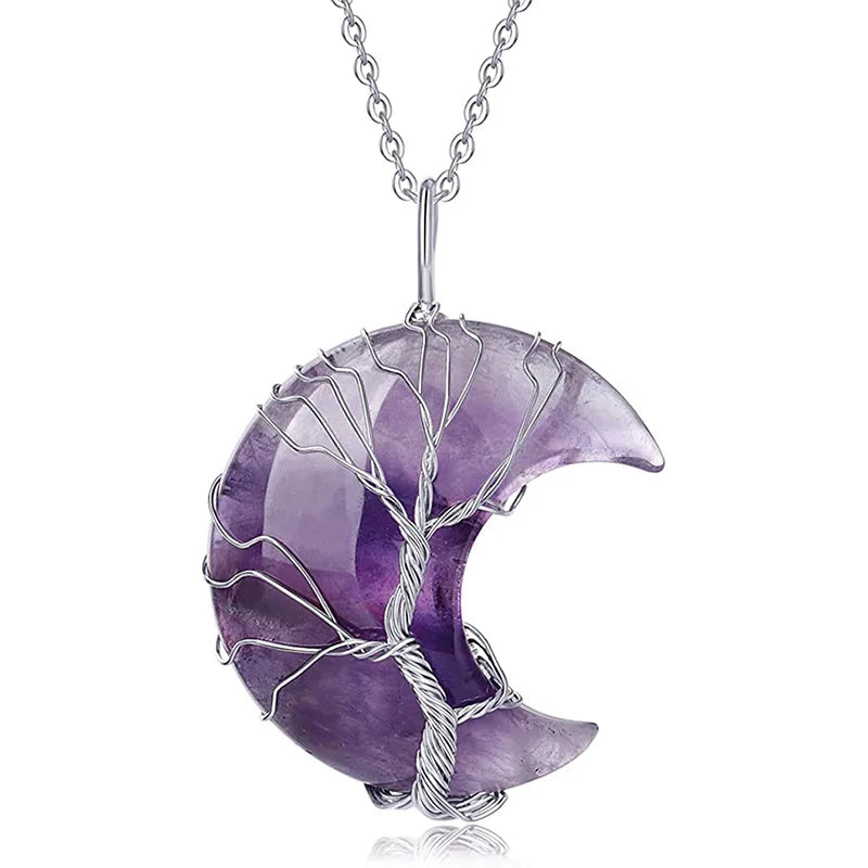 Tree of Life Crescent Moon Silver Plated Zinc Alloy Pendant Necklace with Natural Healing Crystal Quartz Stone for Unisex Wear