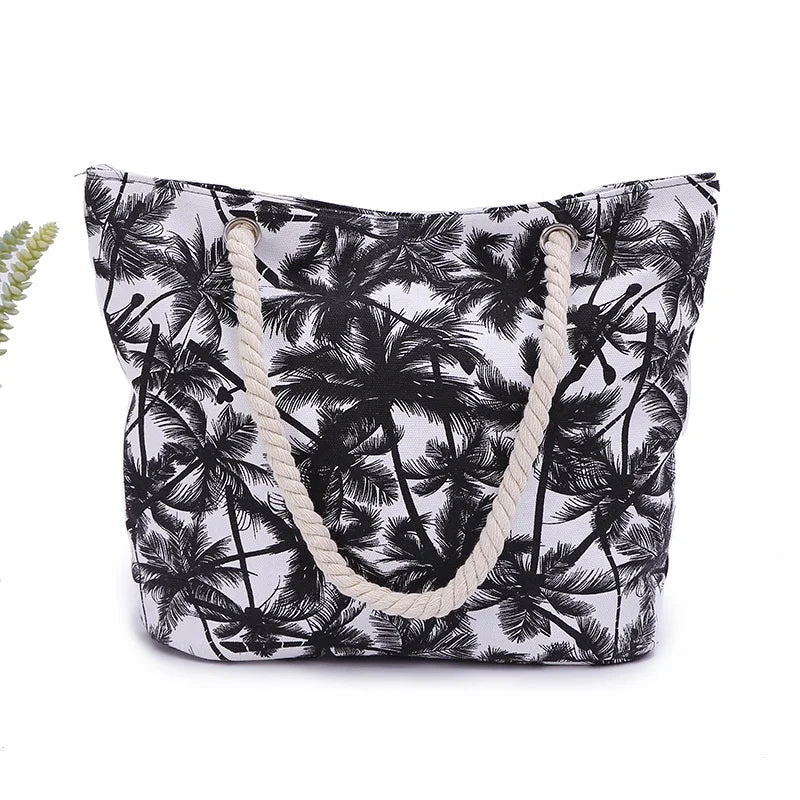 2026 Women Natural Coconut Print Single Shoulder Portable Canvas Zipper Simple Tote Beach Bag