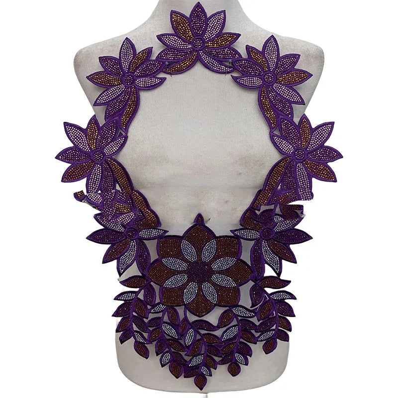 Colorful African Large Flower Dashiki Embroidered Full Crystal Collar for Women Adhesive Backing Necklace
