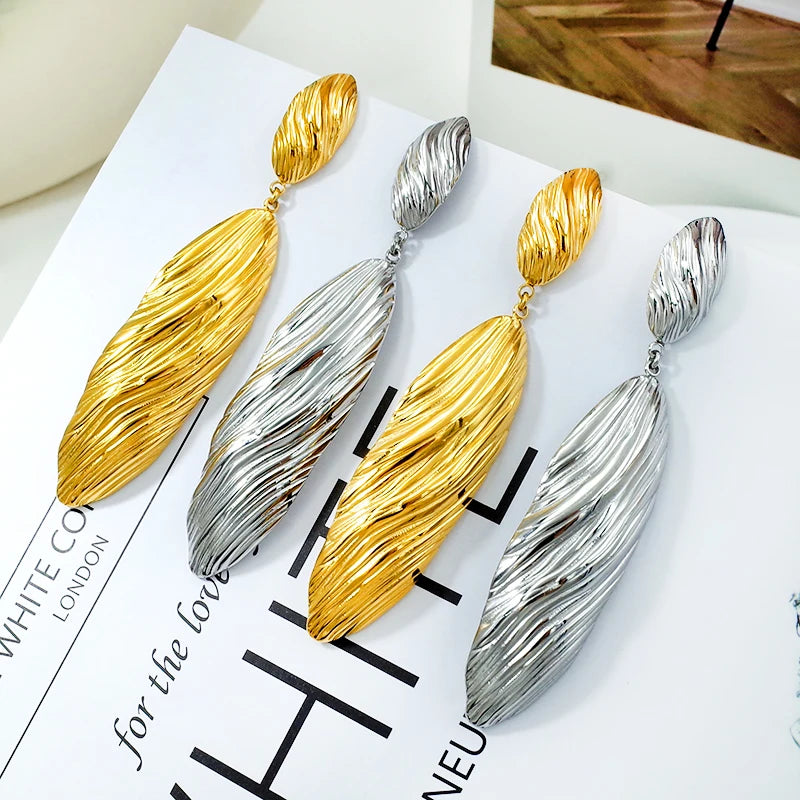 Vintage 18K Gold Plating Stainless Steel Wholesale Jewelry Brushed Stripe Geometric Dangle Trendy Statement Women Drop Earrings