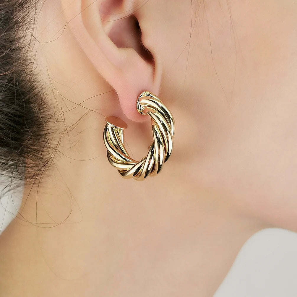 Simple Delicate Copper Small Gold Thick Bold Hoop Earrings Gold Plated C Studded Twist Hoops Hug Earrings Hot