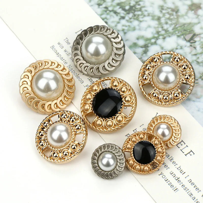 Vintage White Black Metal Alloy Pearls Combination Round Button Women's Coat Sweater Cardigan Fashion Sewing on Garment Buttons