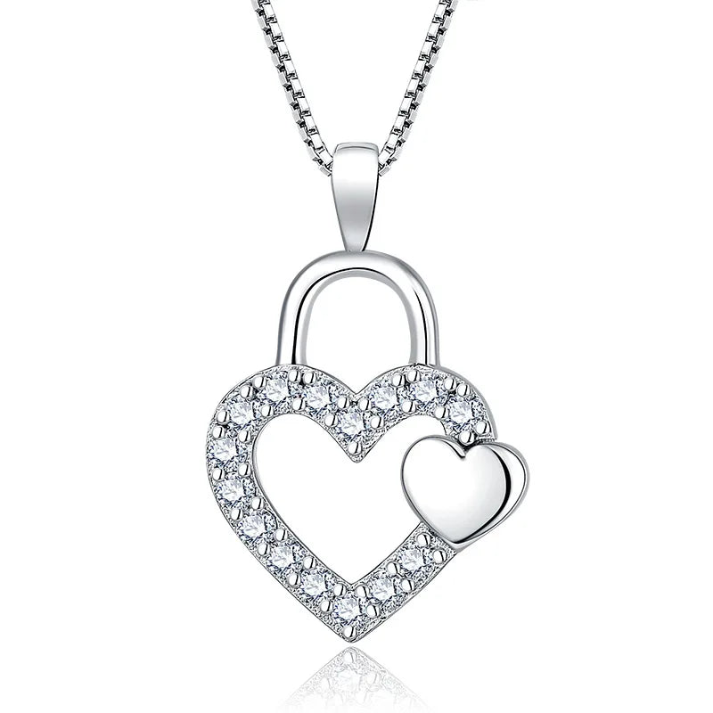 Custom Double Heart Lock Zirconia Necklace Silver Jewelry with Trendy Pendant Locket for Weddings Bijoux Accessory