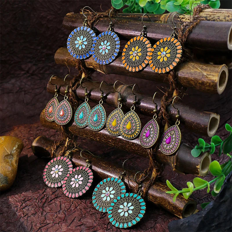 Exaggerated Metal Water Drop Dangle Earrings Enamel Dangling Earrings Boho Faux Gemstone Teardrop Dangle Earrings for Women