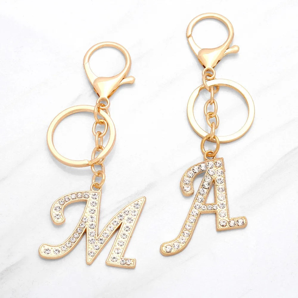Wholesale Fashion Metal Gold 26 Letter Key Chain Diamond Encrusted Alloy Keychain for Bag Pendant