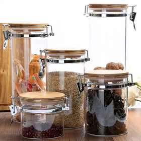Clear Borosilicate Glass Food Storage Jar Canister Container With Airtight Locking Clamp Bamboo Lid
