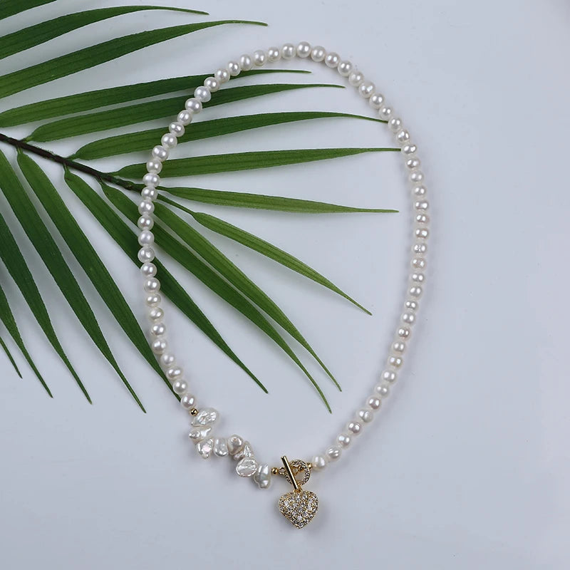 Handmade Potato Pearl Necklace OT Buckle Heart Pendant Freshwater Pearl Jewellery Necklace
