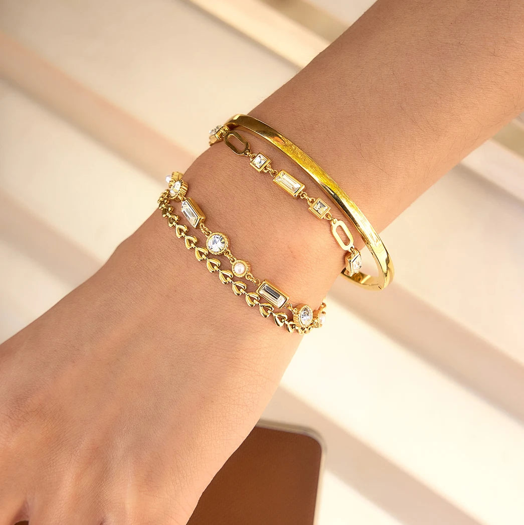 JD Elegant Aesthetic Square Rectangle Crystal Bracelet Link Chain Stainless Steel Bracelets Tarnish Free Timeless Jewelry Gift