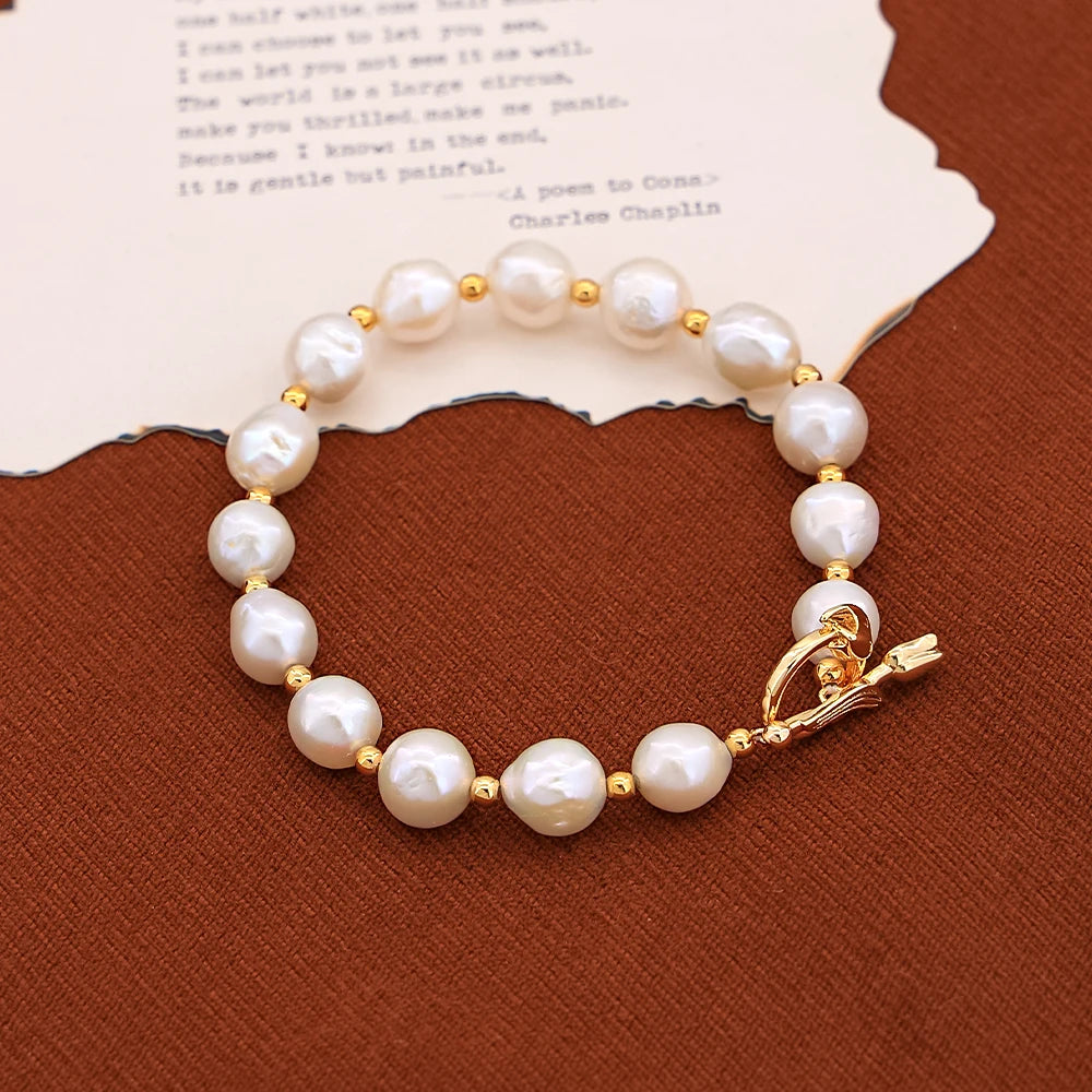 Round Natural Freshwater Jewelry String Bracelet 18K Gold Plated Rose Buckle Women's Daily Party Wear Bracelet
