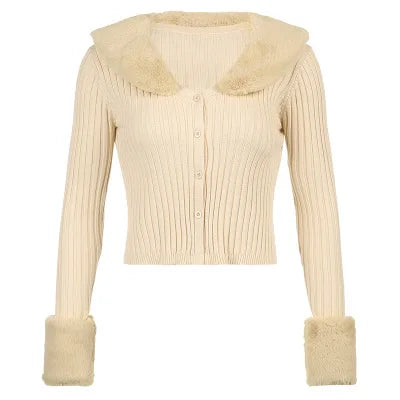 Guangzhou Auyan Woman Solid Color Fur Collar Long Sleeve V-neck Cardigan Trim Coat Woman