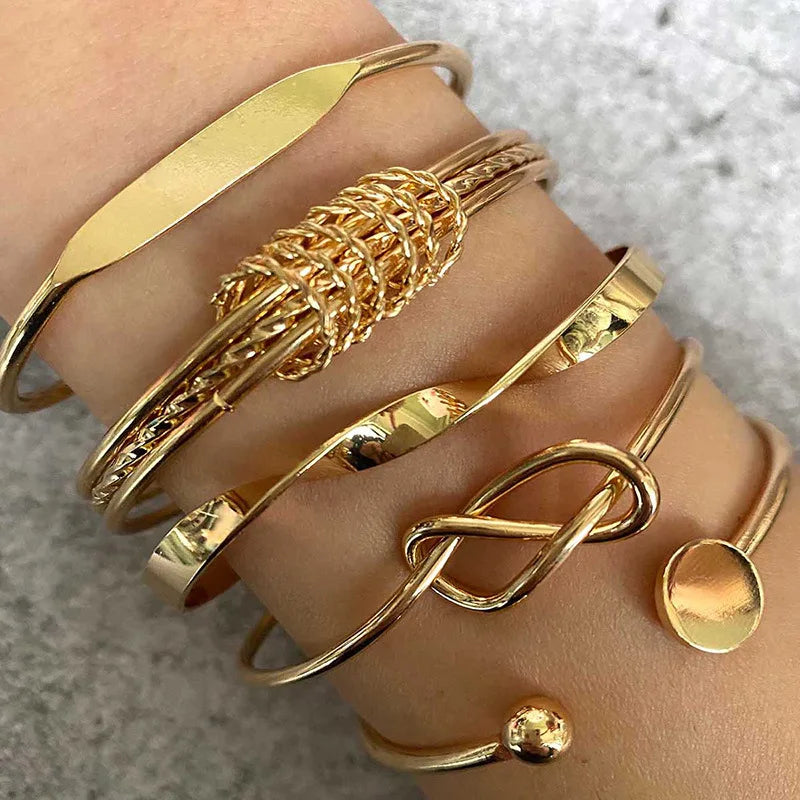 Fashion New Alloy Round Bead Round Disc Open Knot Multi-layer Geometric Spiral 5-piece Bracelet Set Spot Wholesale