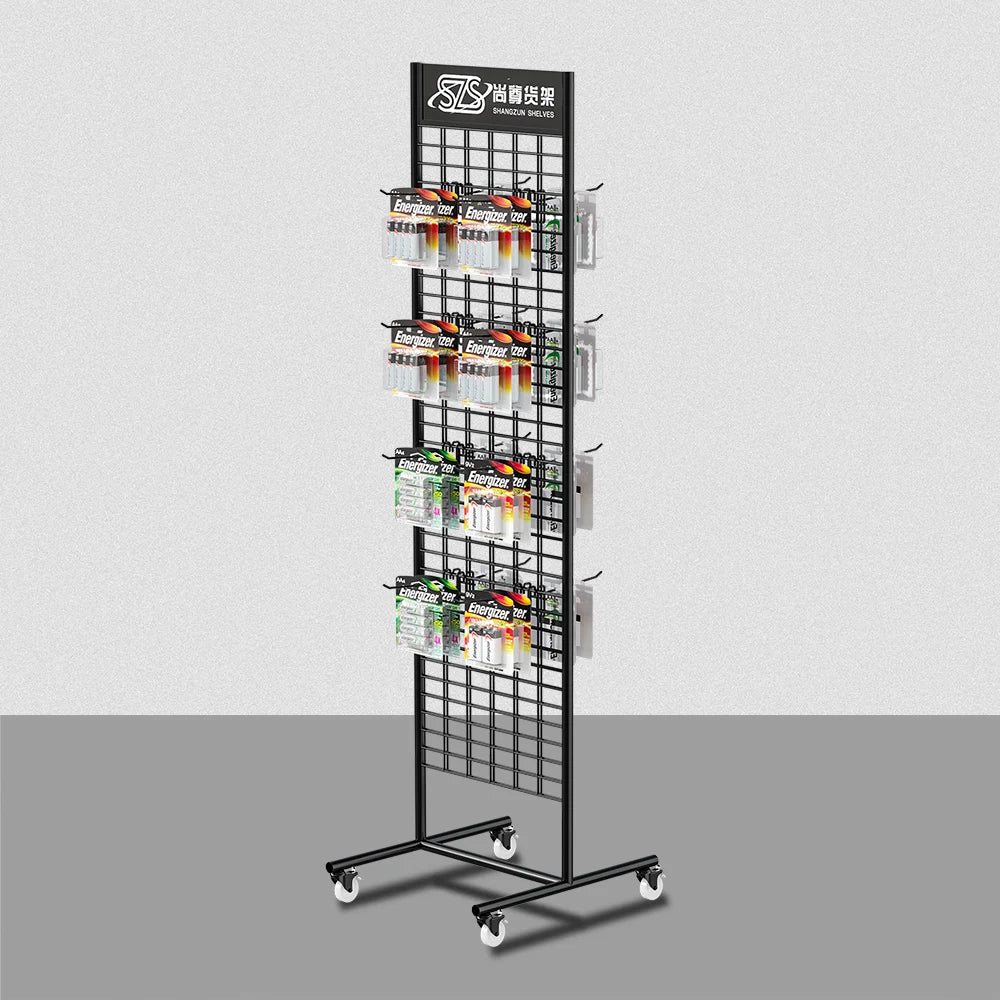 Metal Wire Grid Panel Retail Display Rack for Sale Grid Display Rack with Hooks Double Sided Battery Display Rack Customization