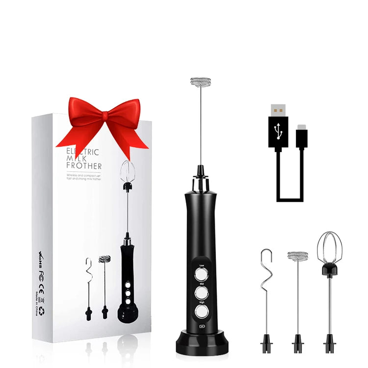 Rechargeable 3-Speed Handheld Milk Frother Interchangeable Heads & Dual Charging Customizable for Coffee & Kitchen