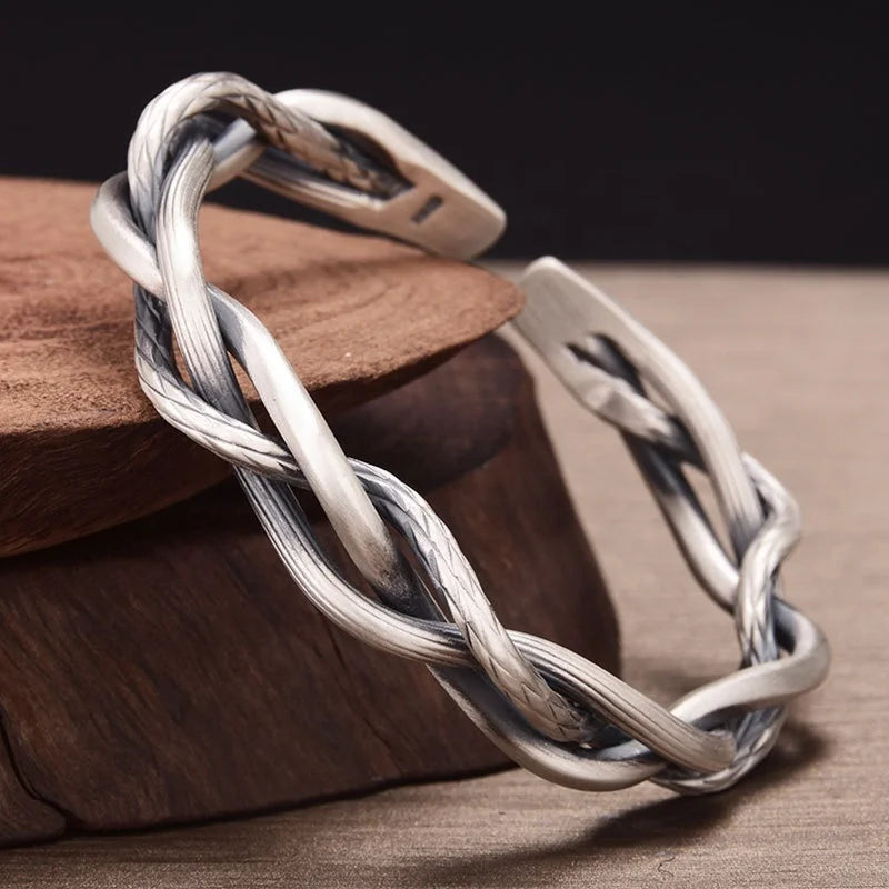 Wholesale Silver Plated Bracelet Geometric Design Cuff Bangle Vintage Braided Twist Opening Bracelet for Women