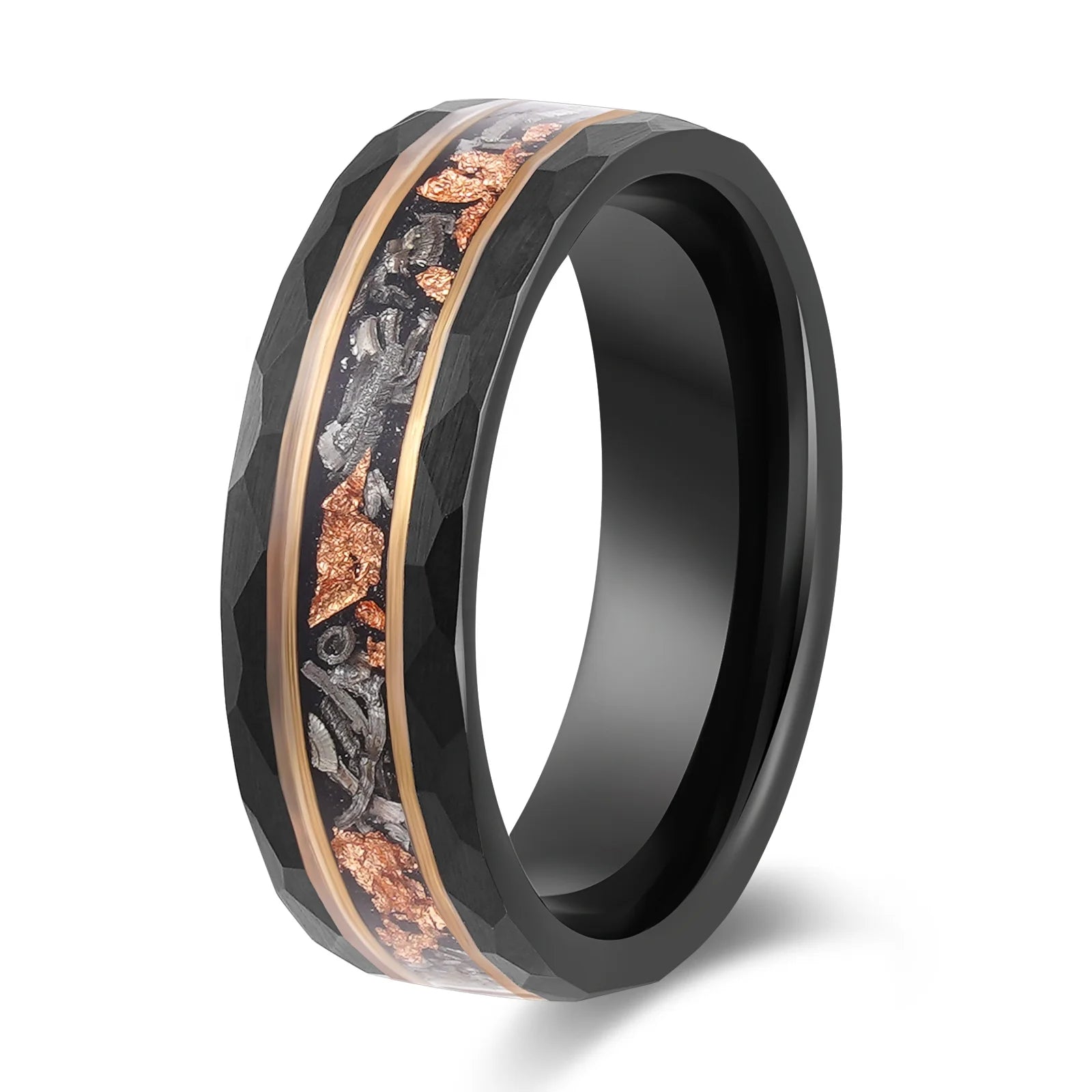 Poya Meteorite Rose Gold Leaf Inlay Hammered Black Tungsten Carbide Ring for Men