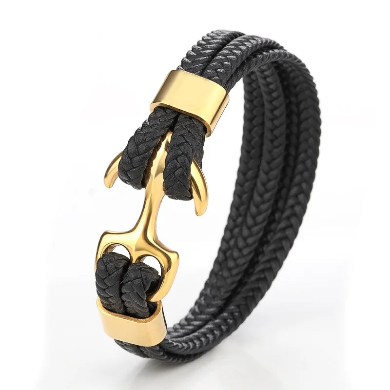 Hot Selling Men Bracelet Fashion Hand Braided Layered Leather Bracelet Vintage Stainless Steel Anchor Bracelet