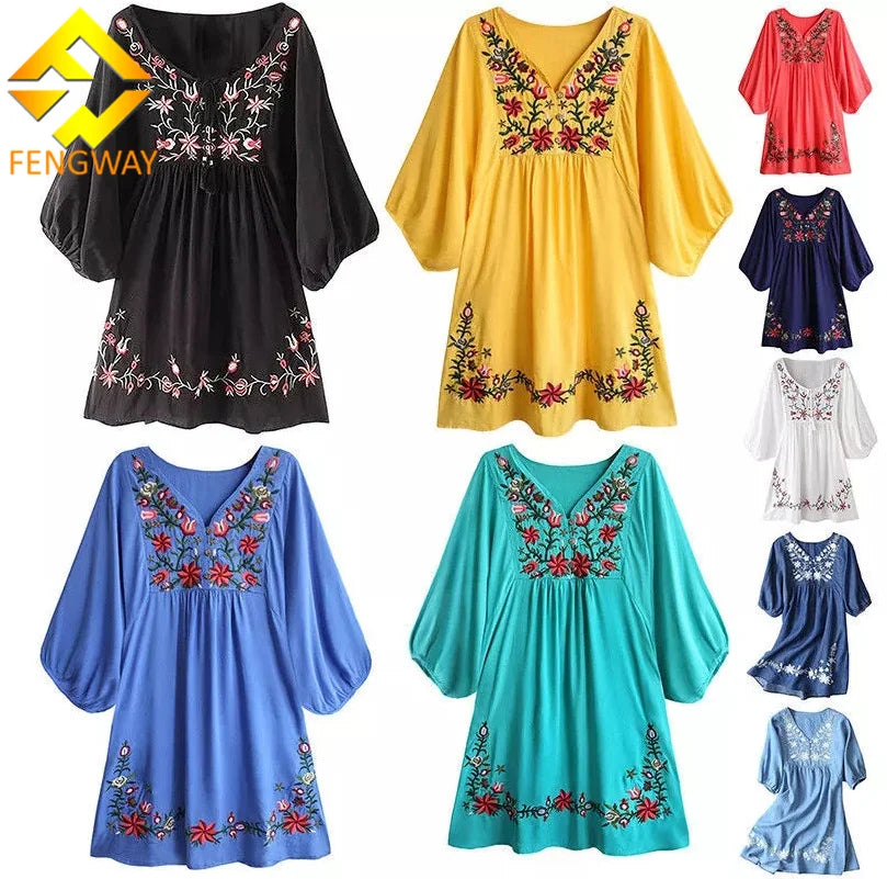 Fengway Custom Summer Floral Embroidered Dress High Quality Cotton Casual Plain Dress High Waisted Tunic Loose Dresses