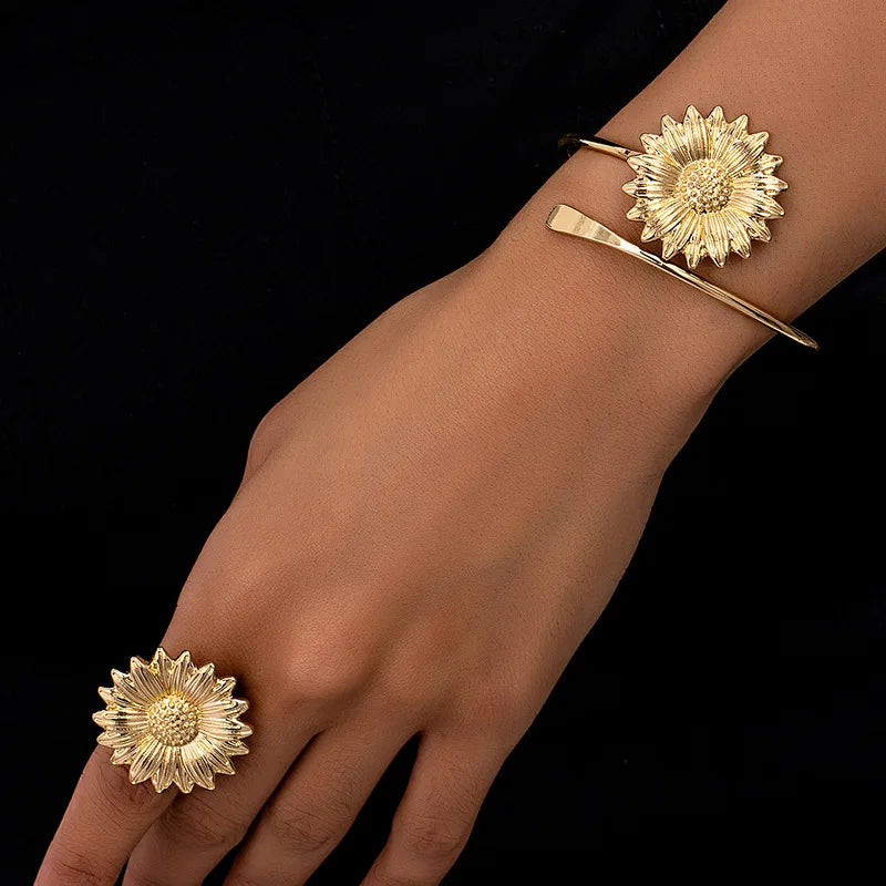 Jachon  New Design Sunflower Open Adjustable Bangle Ring Jewelry Set for Women Party Jewelry Set Flower Shape Cuff Bracelet Set