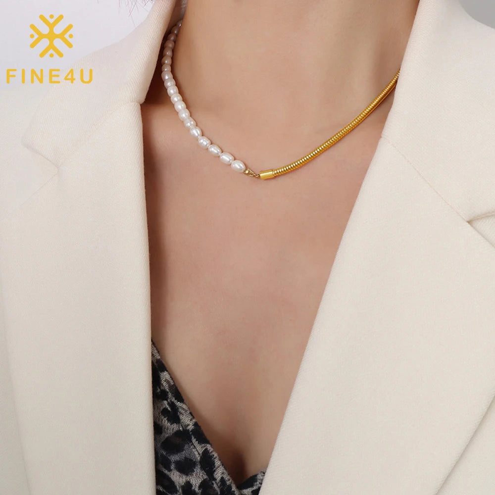 Fashion Ladies Jewelry 18K Gold Plated Spliced Snake Chain Stainless Steel Freshwater Pearl Necklace