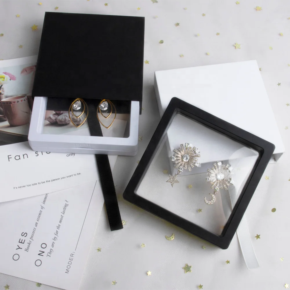 Custom Logo Cardboard Sliding Sleeve Paper Jewelry Drawer Box Packaging With Clear PE Film Floating Gift Display Box With Ribbon
