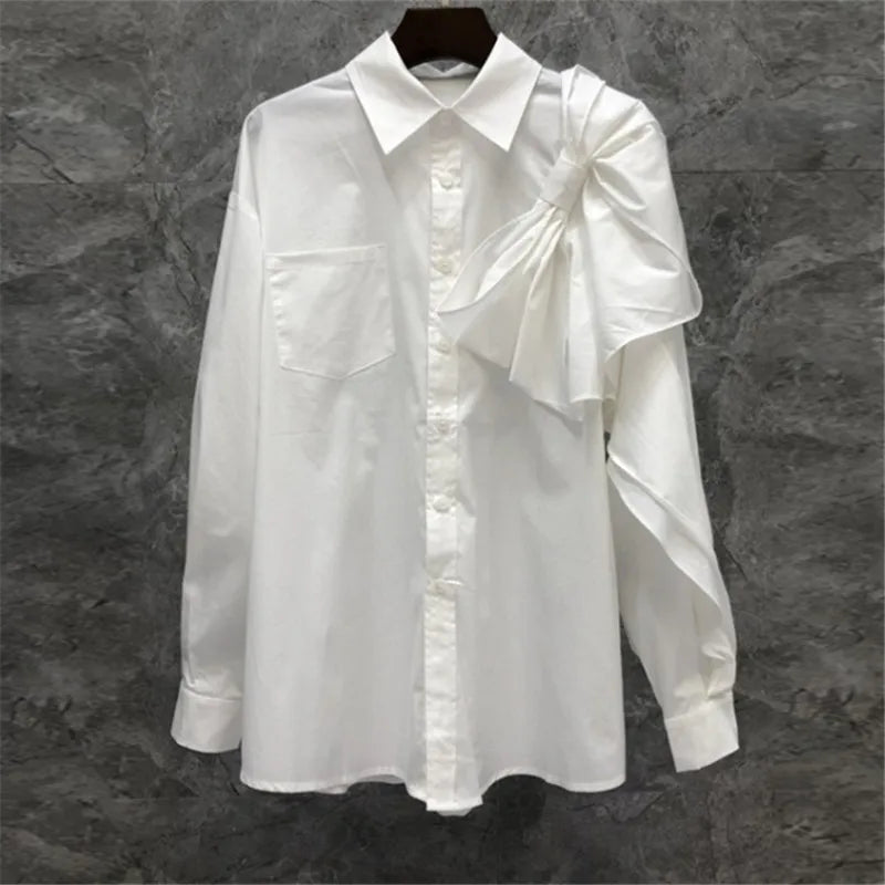 Wholesale 2025 Autumn Niche Design Sense Bow Splicing Long Sleeved Irregular Medium Length Women's Shirts