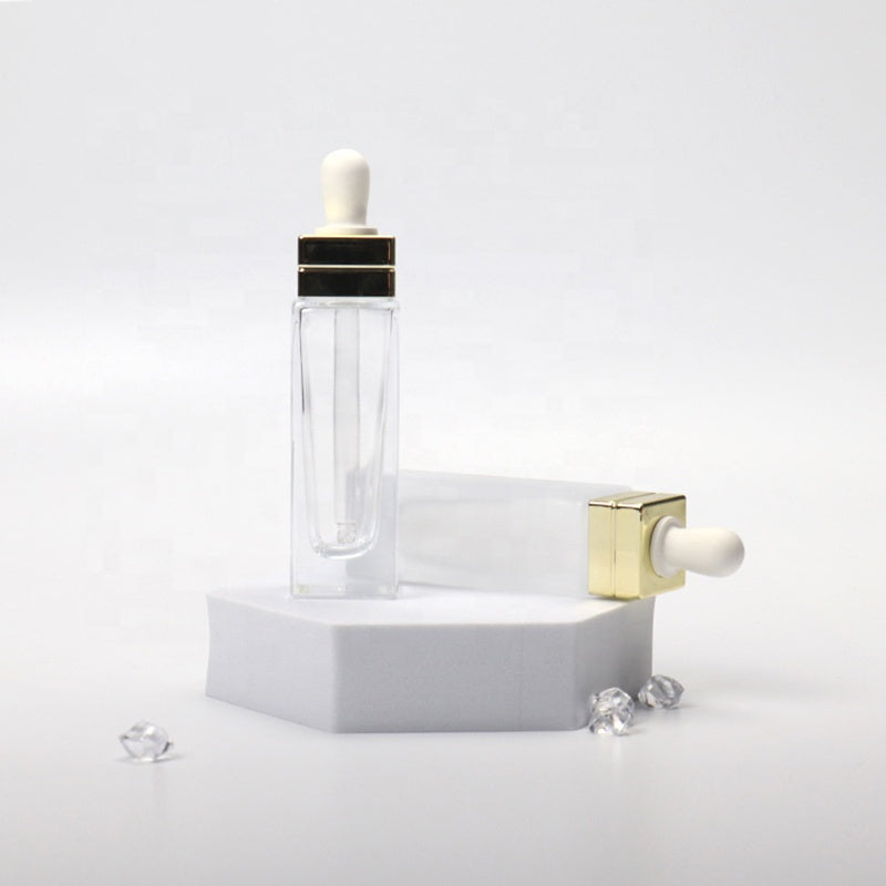 30ml 1oz Empty Square Custom Color Serum Bottle Skincare Packaging Essential Oil Clear Dropper Bottle with White Cap