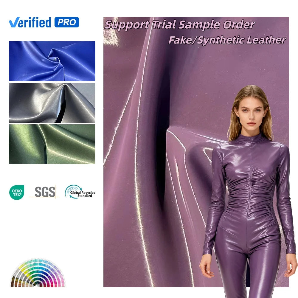 PFAS FREE 4-Way Stretch PU Elastic Shiny Patent Faux Leather Fabrics Synthetic Leather