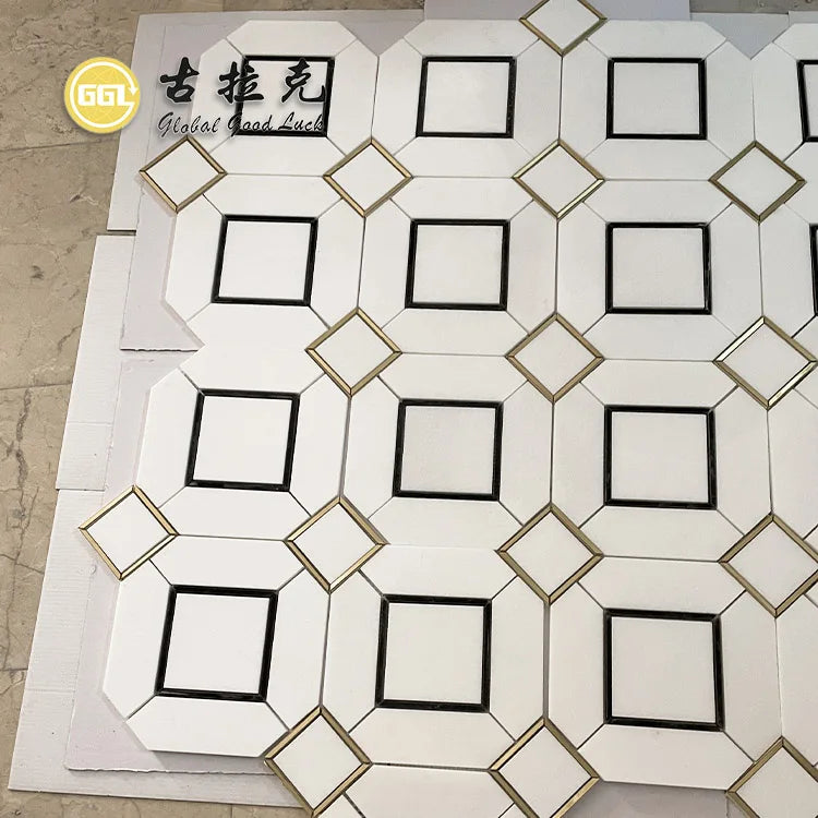 White Thassos and Black Marble Mix Brass Octagon Wall Mosaic Tile 10mm Thick Modern Parquet Design for Living Room and Hotel