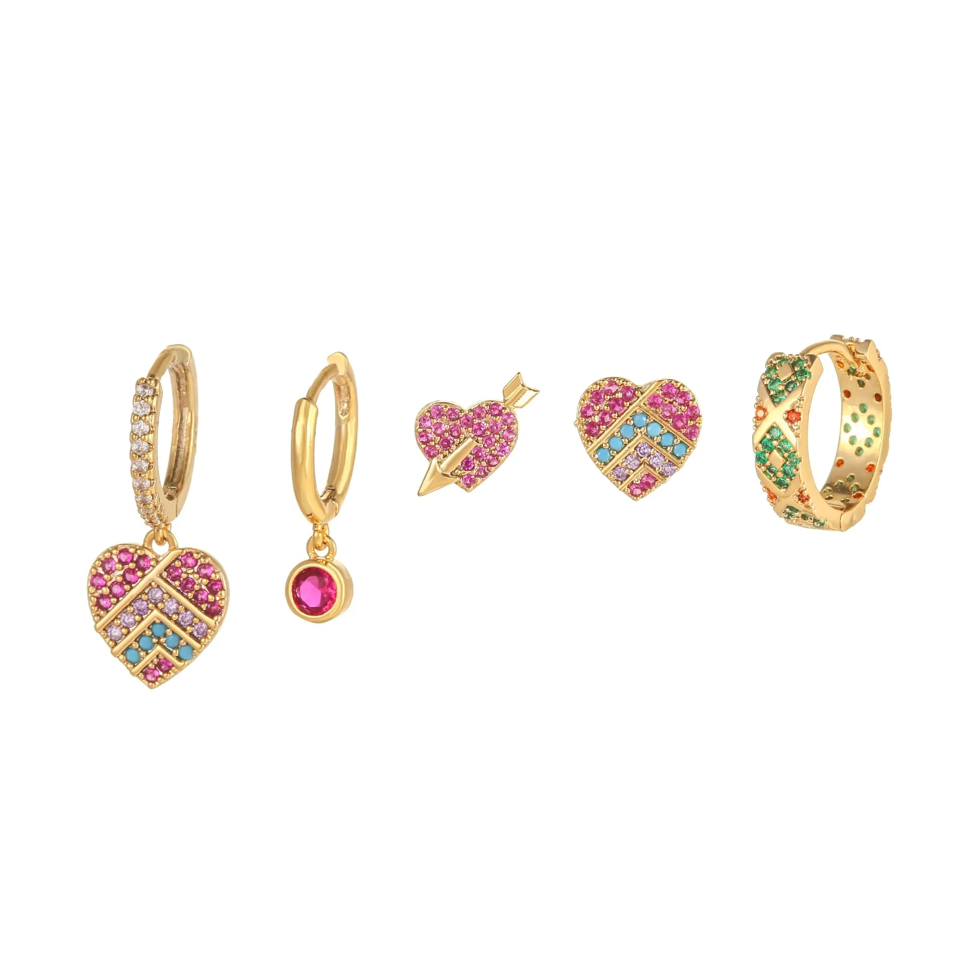 18K Gold Plate Colorful Crystal Cubic Zircon Full Diamond Rhinestone Heart Charm Earring Stud Drop Earrings Jewelry for Women