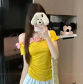 Y2k Slim Short Sleeve T-Shirt Women's Summer New Style Gentle Waist Cinching One Shoulder Design 3D Flower Embroidery Girl's Top