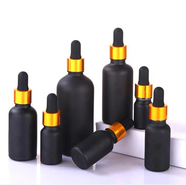 Matte Black 30ml/60ml Frosted Black Dropper Glass Essential Oil Bottle Gold Dropper Screen Printed TUV/ISO Certified MOQ 100pcs