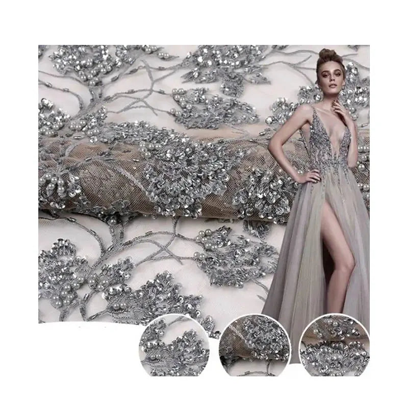 China Fabric Supplier Sequin Bead Embroidery Wedding Dress Fabric
