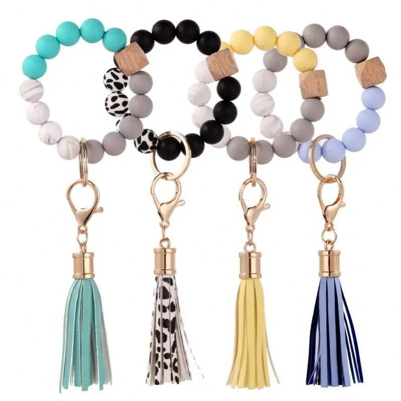 Silicone Wood Beads Keychain Keyring for Women Wristlet Bracelet Pendant Keychain With Jewelry Accessories