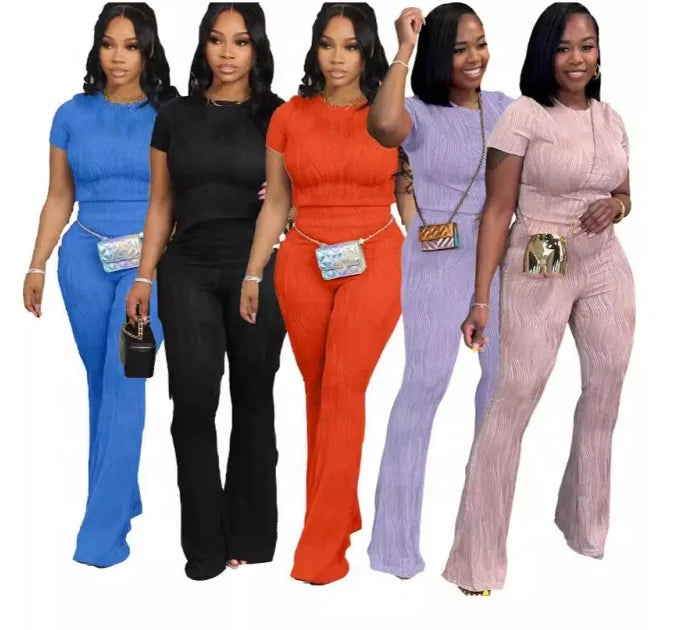 Truen Women's Casual Flared Pants Two-Piece Set Solid Color Knitting Tops & High Elastic Shorts Solid Color Clothing