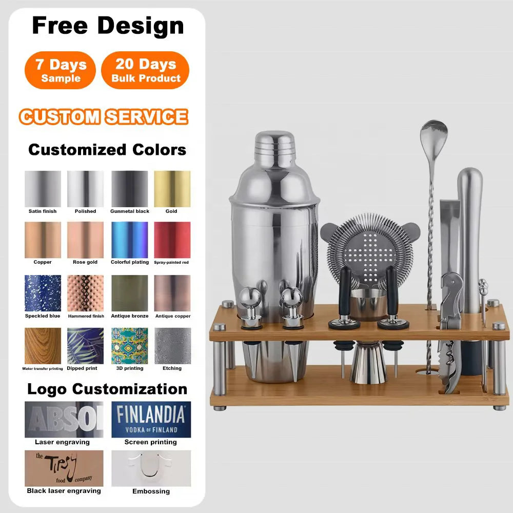Creation Top Seller Stainless Steel Bartender Kit Shakers Cocktail Set with Bamboo Frame