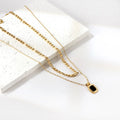 Jachon Women's 18K Gold Plated Double Layer Necklace Black Square Pendant Stainless Steel Geometric Link Chain Fashion Jewelry
