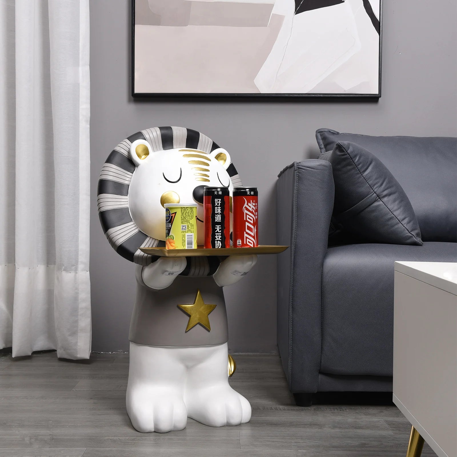 Custom Modern Art Decoration Animal Lion Statue Life Size Resin Decorative Statue With Metal Serving Tray