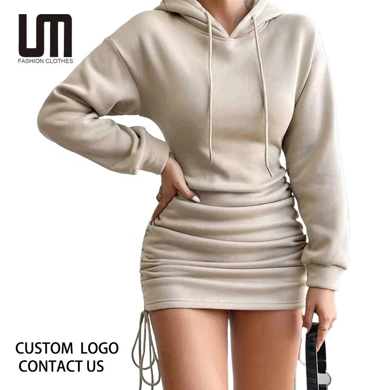 Liu Ming New Products Autumn Women Casual Lace up Drawstring Ruched Side Slim Waist Full Sleeve Hooded Dress
