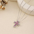 Rose Red CZ Cross Pendant Necklace 925 Sterling Silver Couple Necklace Religious 18K White Gold Jewelry