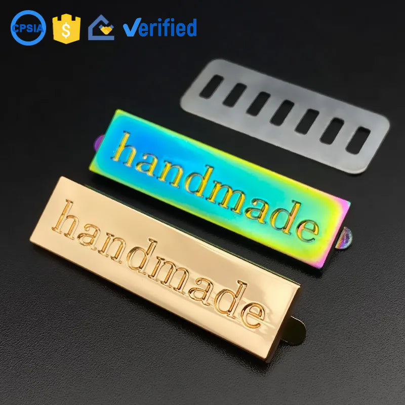 In Stock Accept Custom Rainbow Handmade Metal Label Plate Gold Brand Name Logo Metal Tags for Handbag
