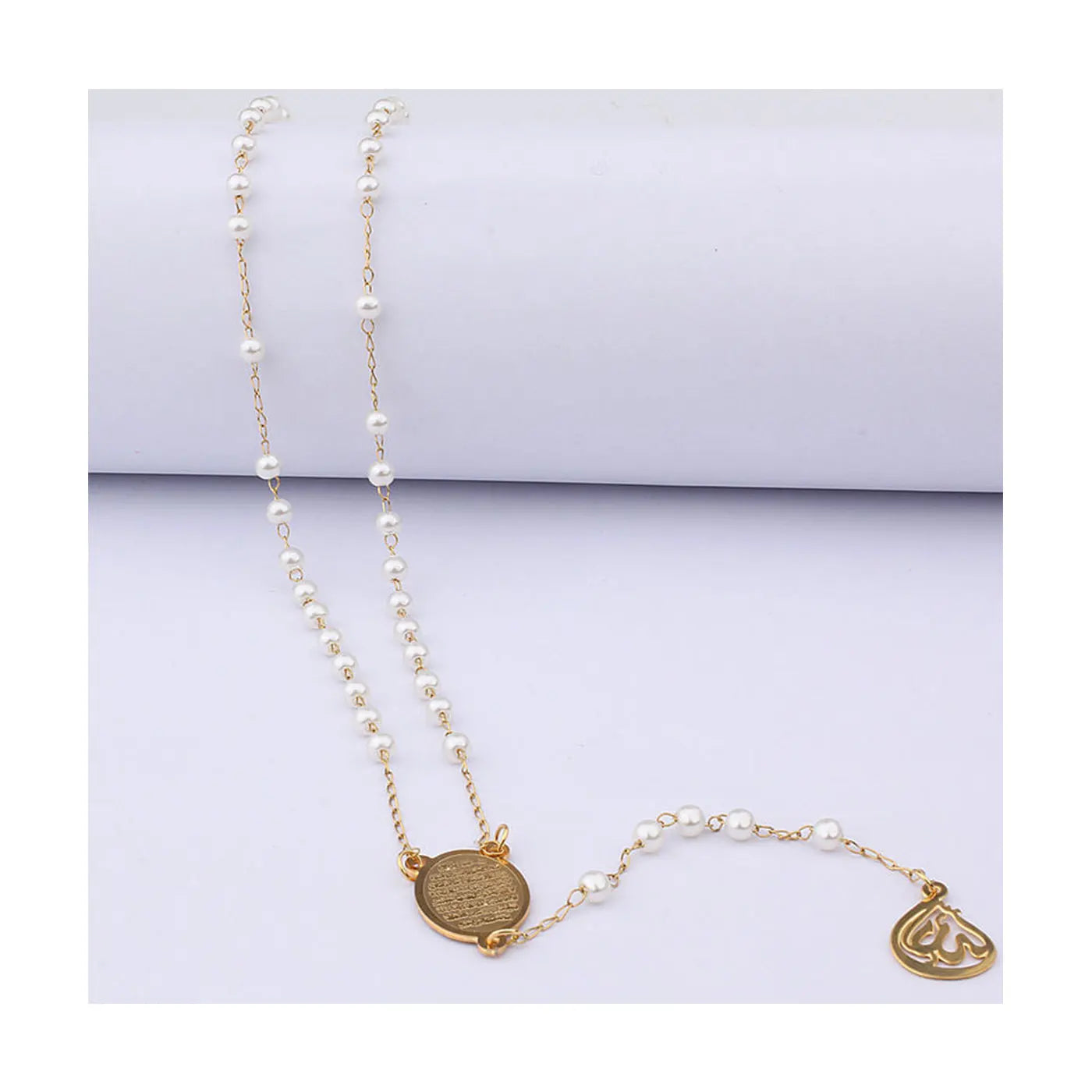 Muslim Arabic Printed Pendant Necklace Stainless Steel Long Chain Necklaces Pearl Beads Rosary Jewelry