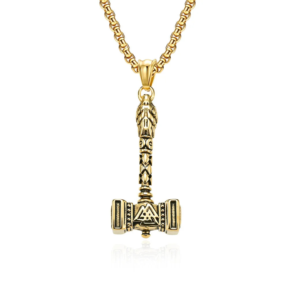 Men's Stainless Steel Norse Viking Thor's Hammer Pendant Necklace Gold Plated with Box Chain for Party Anniversary Gift