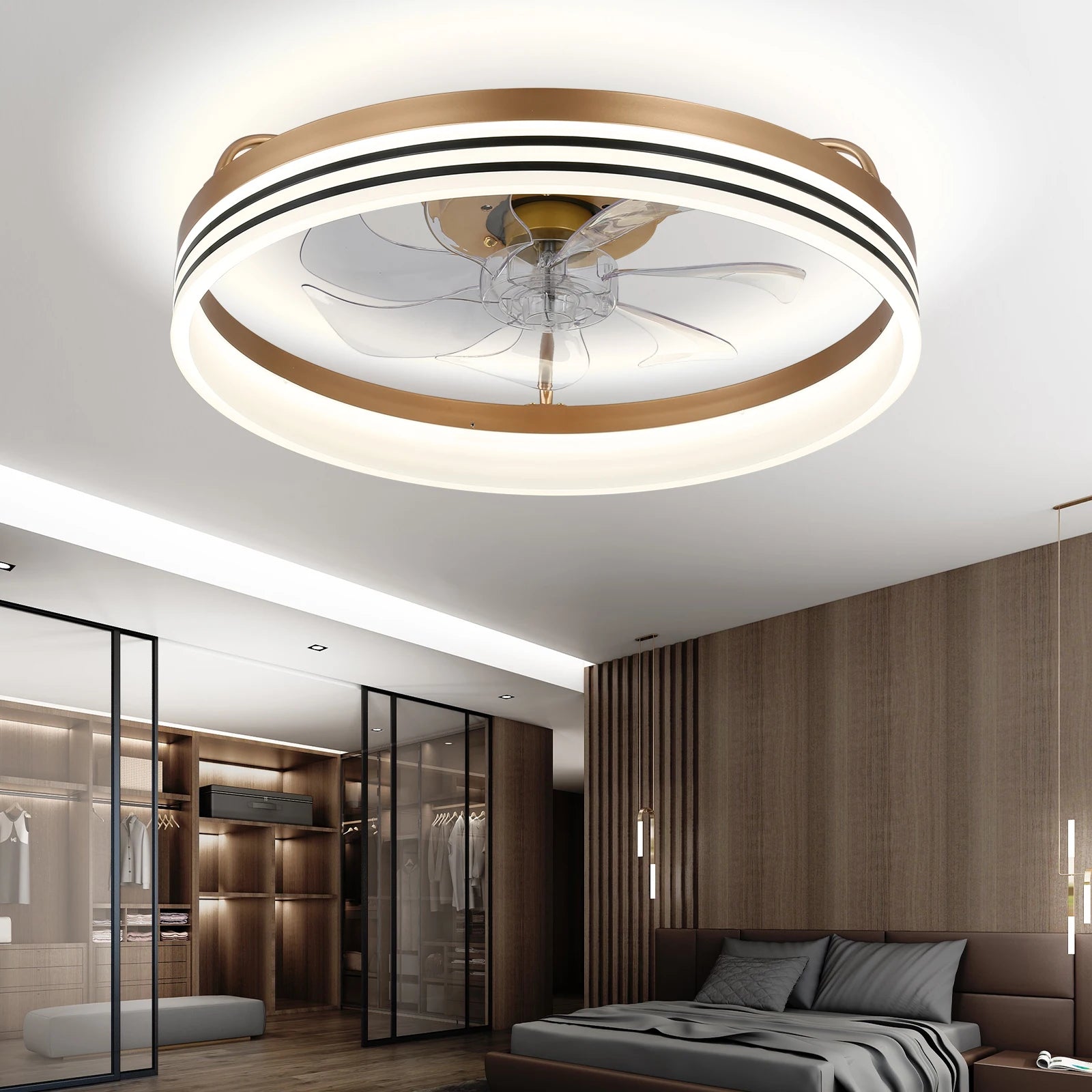 Modern Gold LED Smart Ceiling Fan Light Dimmable 3 Color-Changeable Lights 6 Speeds Remote Control Square Indoor Indoor Square