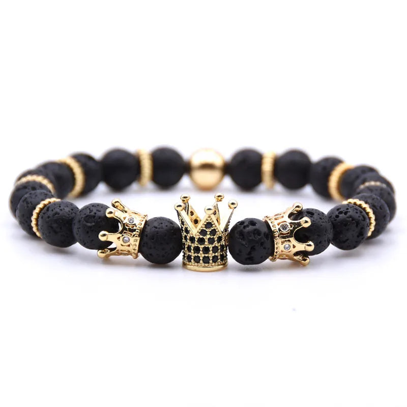 Gold Crown Gemstone Bracelets Natural Beads  Dogaltas Bileklik Mens Luxury Jewelry Bead Natural lava Bead Bracelet