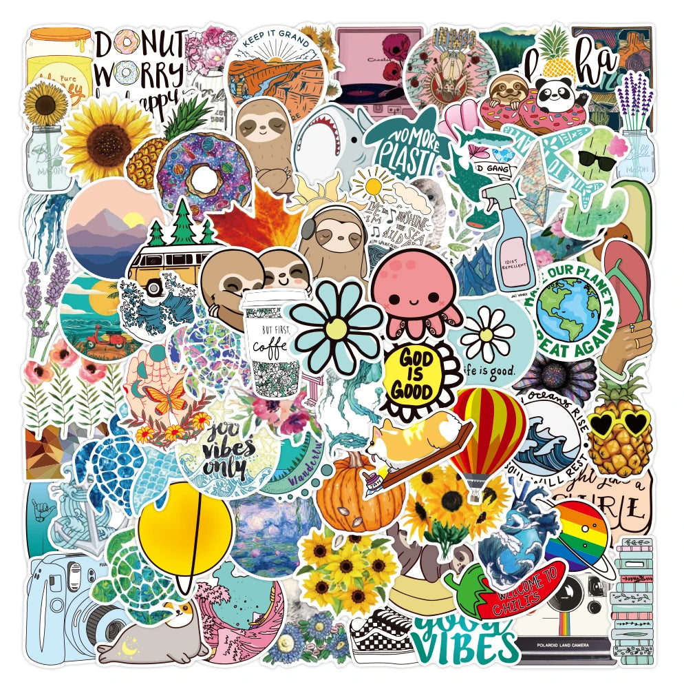 100pcs Small Fresh Cartoon Cute Waterproof Graffiti Decorative Sticker Packs for Laptop Luggage Water Bottle Skateboard Decal