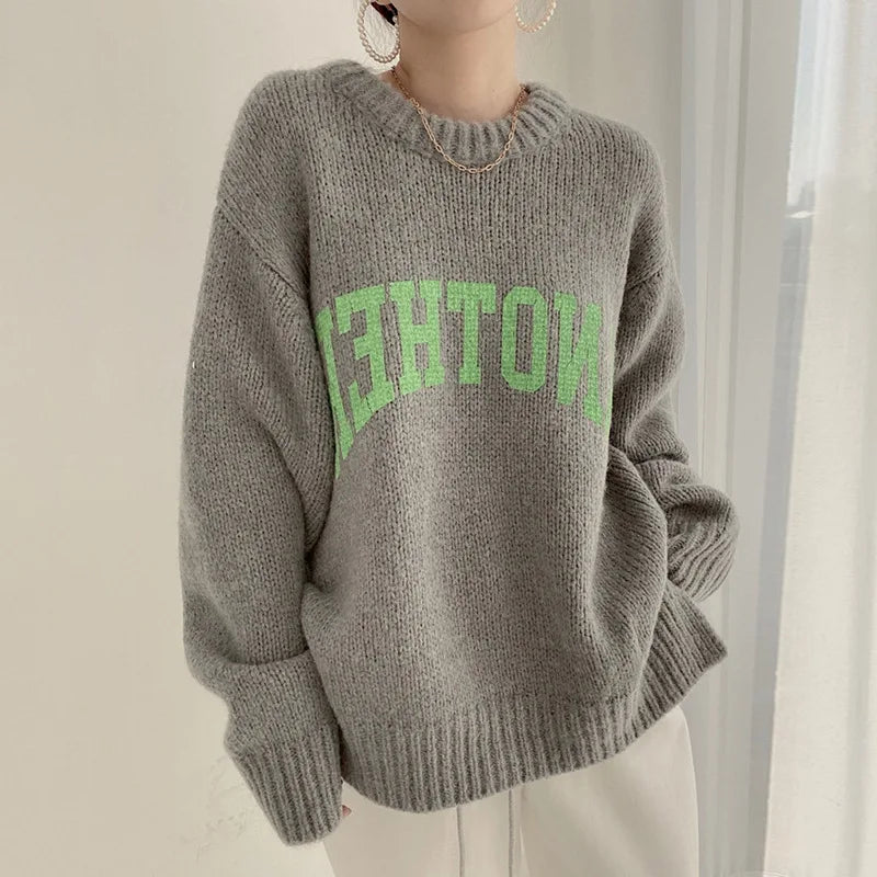 Korean Version Chic Candy Color Collar Letter Printing Cover Skin Friendly Loose Long Sleeve Thick Knit Women's Winter Sweater