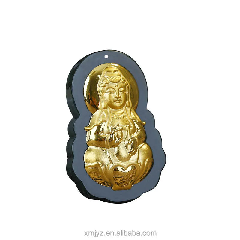 Certified Hetian Black Jade Inlaid With Gold 4D Gold Inlaid Jade Hetian Jade Guanyin Laughing Buddha Pendant