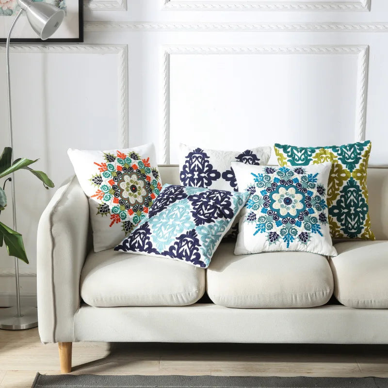 Home Decor Embroidered Blue Geometric Canvas Cotton Square Embroidery 45x45cm Cushion Cover