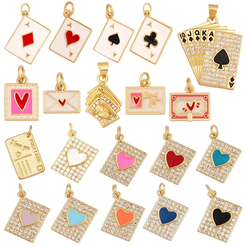 Heart Tag Postcard Playing Card Enamel Charm PendantReal 18K Gold Plated DIY Jewelry Accessories Bracelets Necklaces Making S25