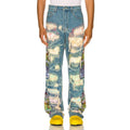 Y2K Graphic Embroidery Patch Jeans Men High Street Distressed Denim Pants Slit Hem Straight Leg Streetwear Custom Logo Trousers